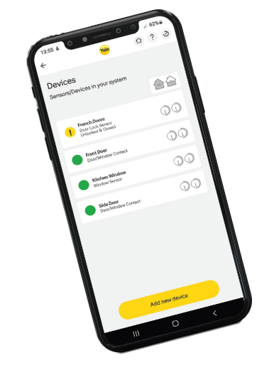 Smartphone displaying a home automation app with devices like French door, front door, kitchen window, and side door sensors, and options to add new devices.