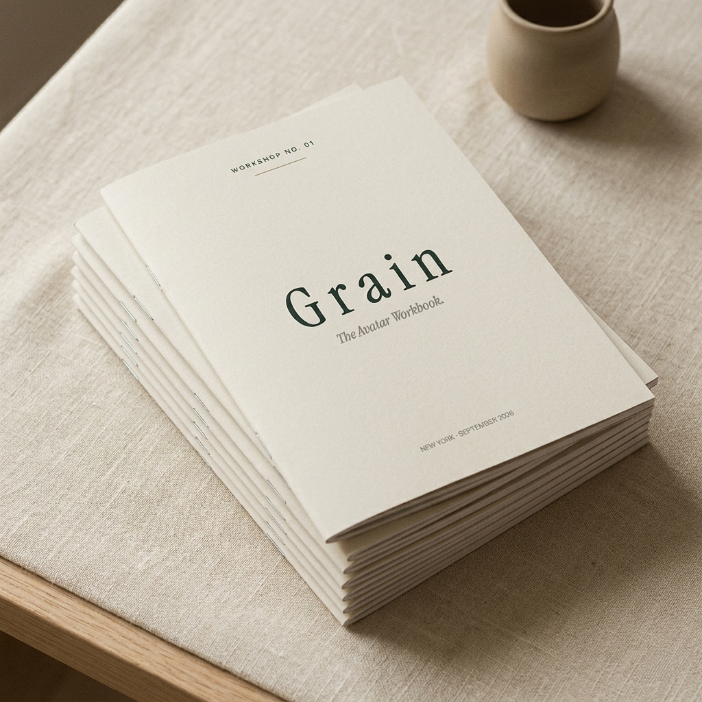 A stack of printed workbooks titled "Grain: The Avatar Workbook" on a table, with a white cup or mug nearby.