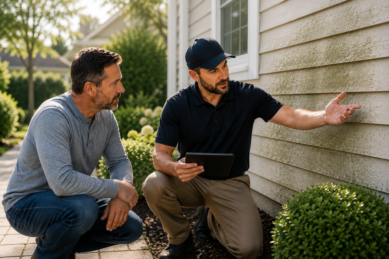 Two men, one in a gray shirt and the other in a black shirt and cap, examining the side of a house, with one pointing at the siding. The scene is outdoors with bushes and a house in the background.