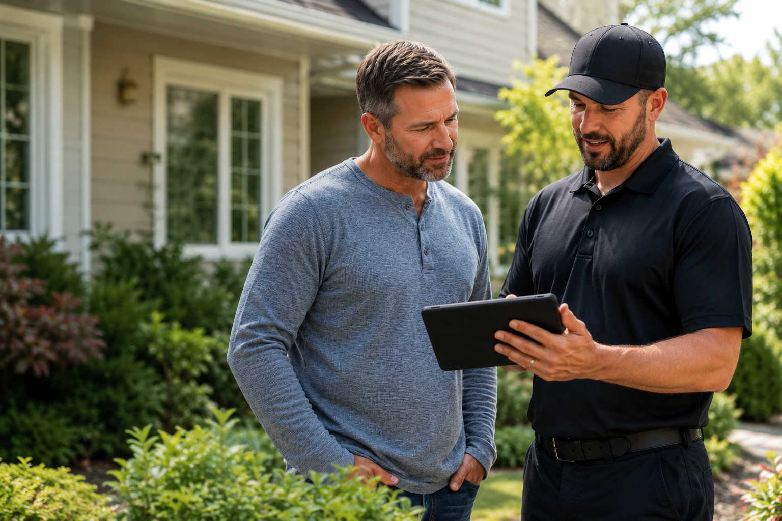 Two men standing outside a house looking at a tablet, one in a gray shirt and the other in a black uniform and cap.