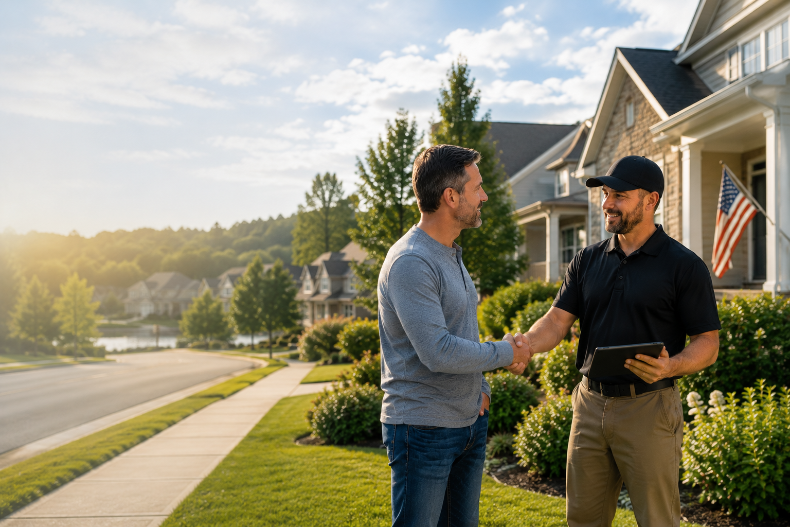 Two men shaking hands in front of a house during sunset, with one holding a tablet, neighborhood with houses and trees in the background.