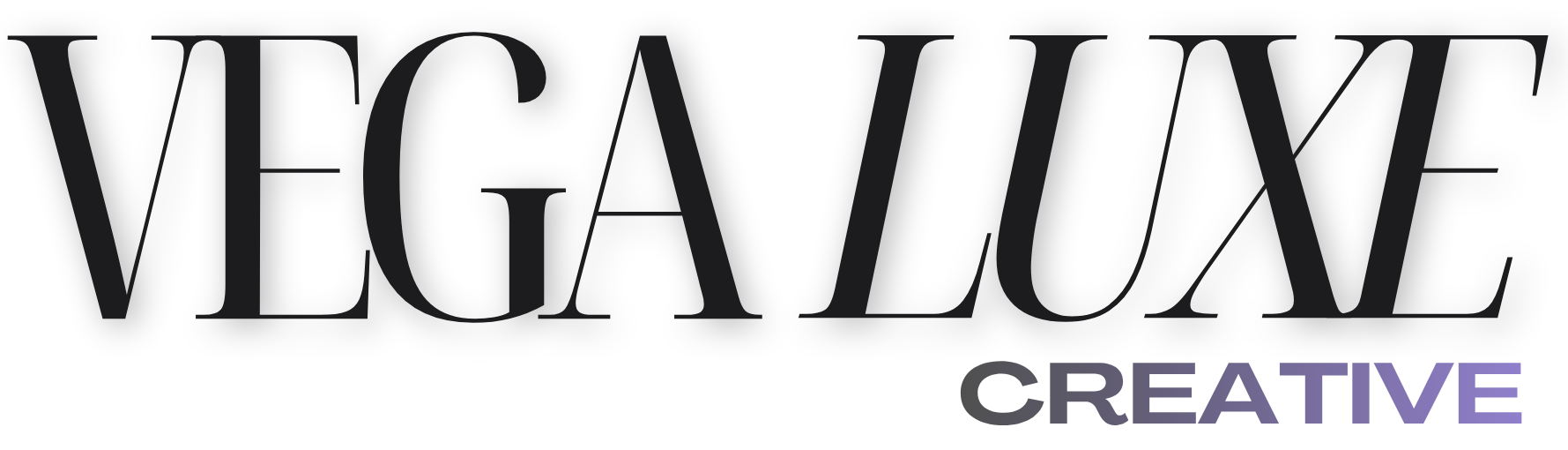 The word 'VEGALUXE' in large, stylish, black font on a black background.