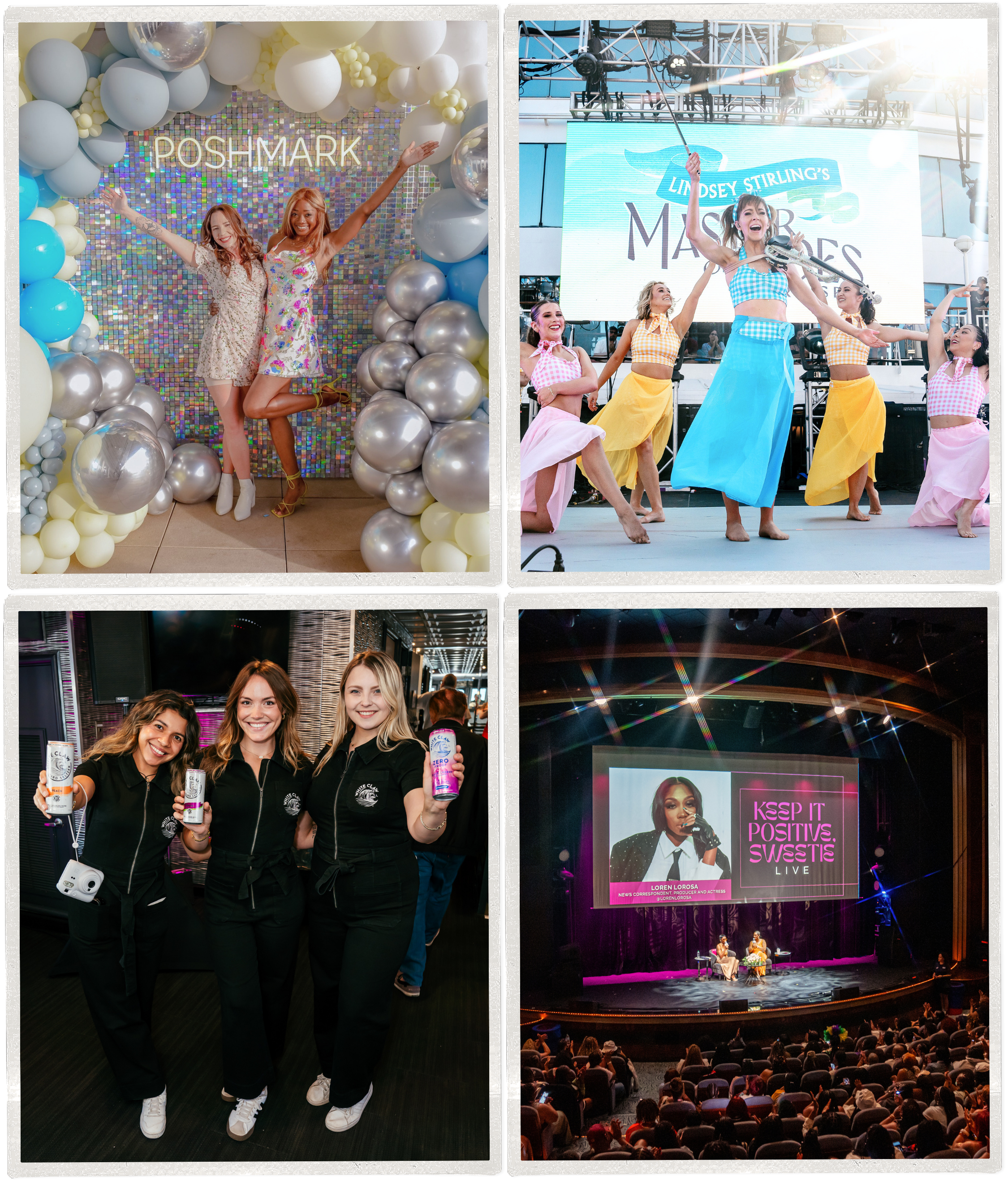 Collage of four images including: two women at a Poshmark event with a colorful balloon backdrop, a woman performing on stage at Lindsey Stirling's concert with dancers, three women at a social gathering, and a live performance on stage with a large screen showing a performer and the text "Keep it positive, sweetie".