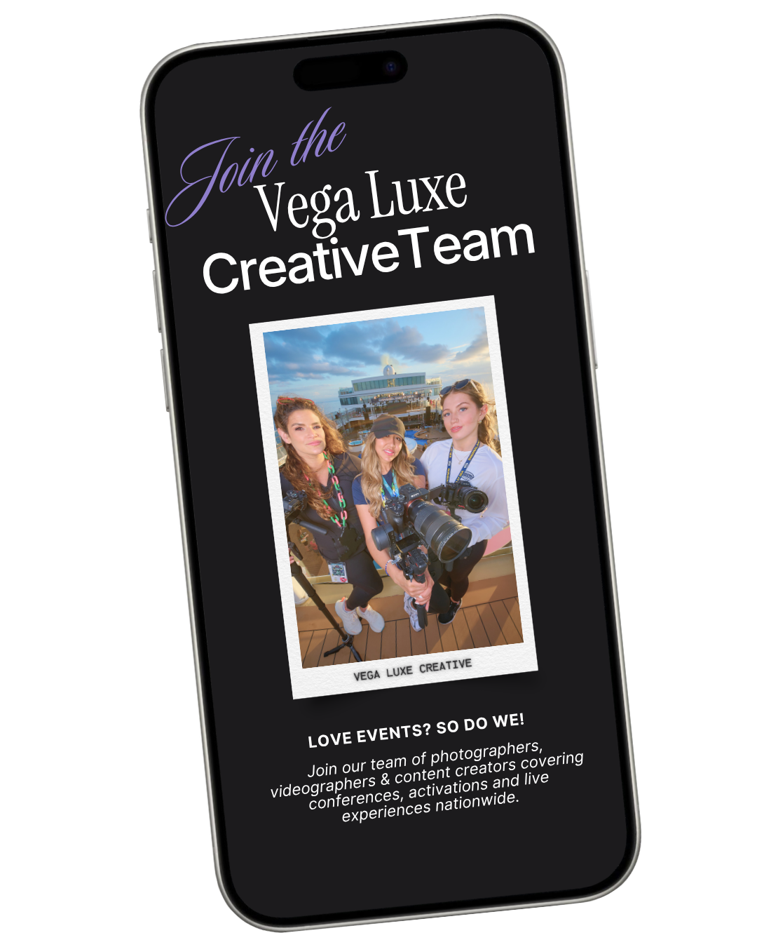 Smartphone screen displaying a promotional page for Vega Luxe Creative Team, featuring a photo of three young women with cameras on a cruise ship deck at sunset.