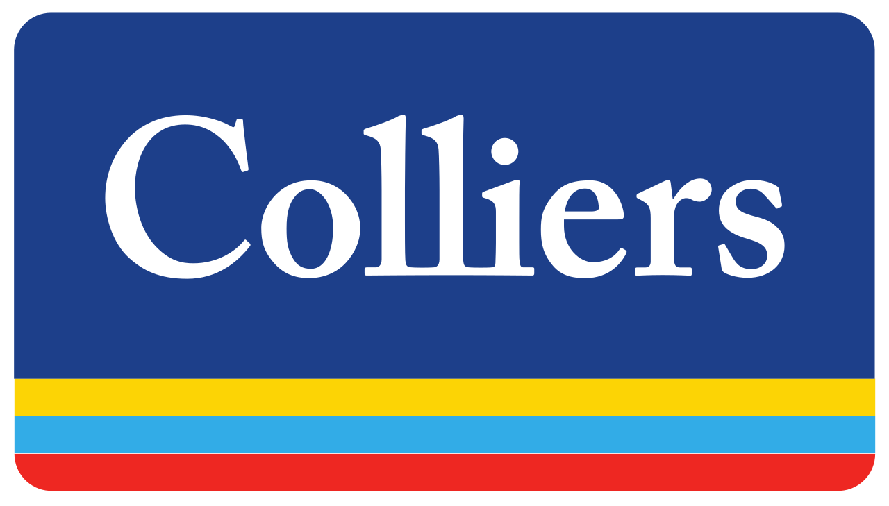 Sign with the word 'Colliers' on a blue background, with a yellow, light blue, and red stripe at the bottom.