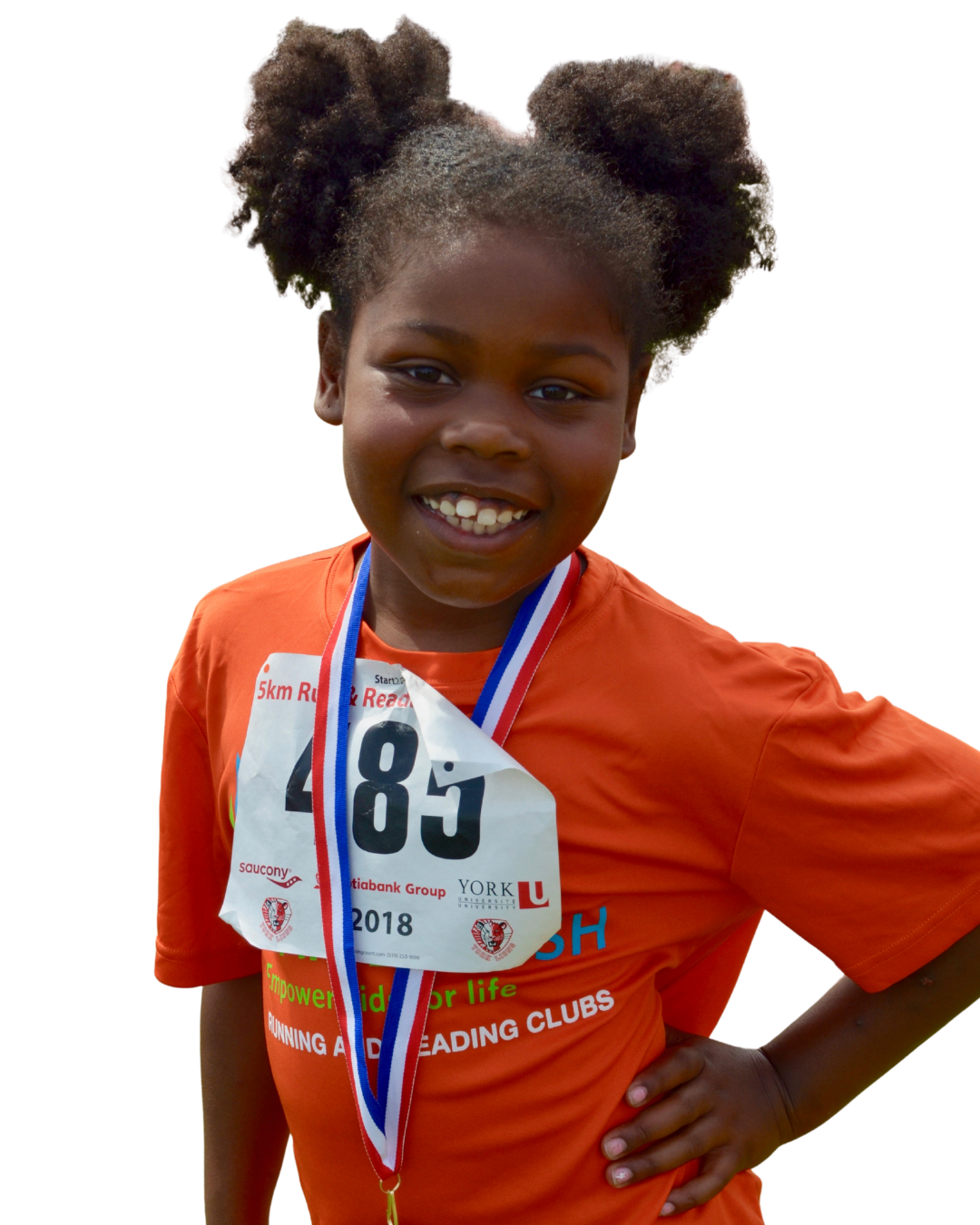 Young girl with dark skin and curly hair styled in puffs, smiling while wearing an orange athletic shirt, a race bib number 485, and a medal around her neck after a race.