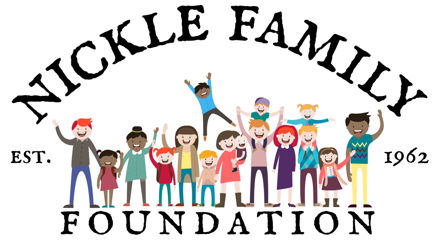 Illustration of diverse children smiling and waving under the text 'Niccle Family Foundation,' with 'EST. 1962' on either side of the text.