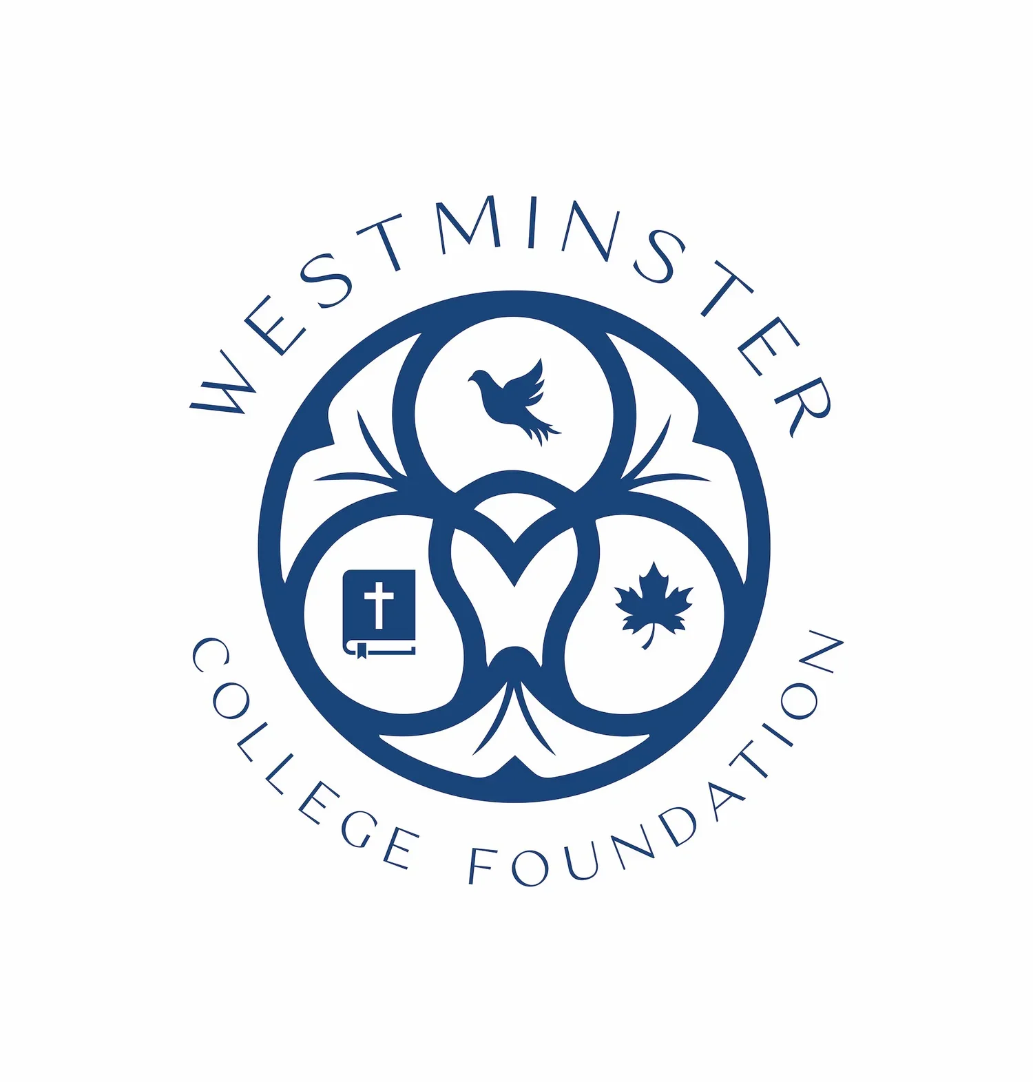 Logo of Westminster College Foundation featuring a circular design with a dove, a maple leaf, and a book with a cross inside.