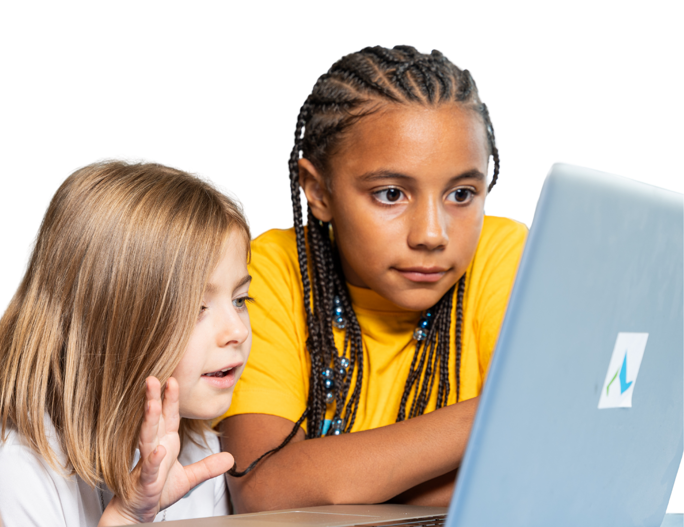 Two young girls with focused expressions looking at a laptop screen, one with braided hair wearing a yellow shirt and the other with straight blonde hair wearing a white shirt.