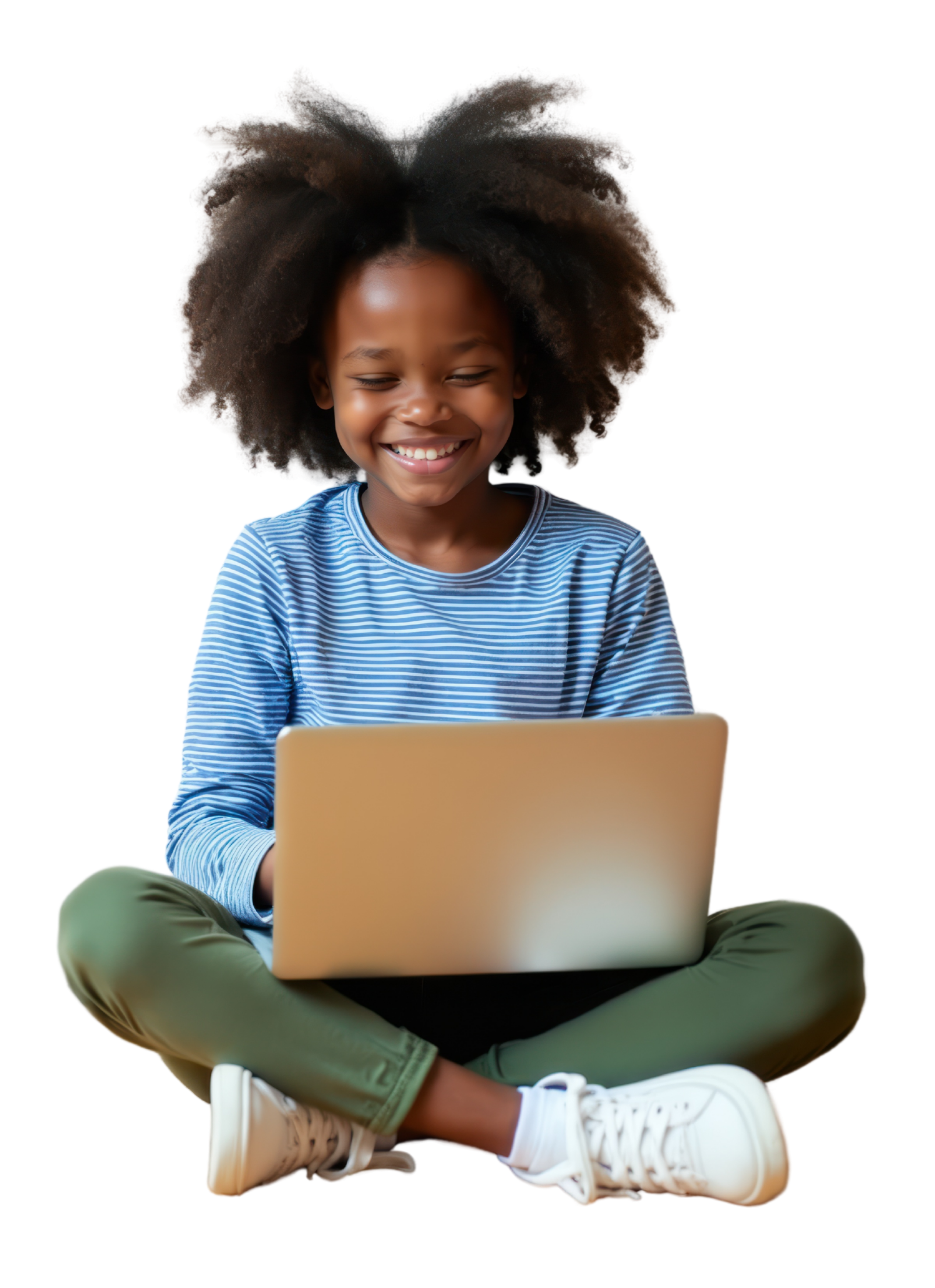 Young girl sitting cross-legged on a chair using a laptop, smiling and looking down at the screen, wearing a blue striped shirt and white sneakers.