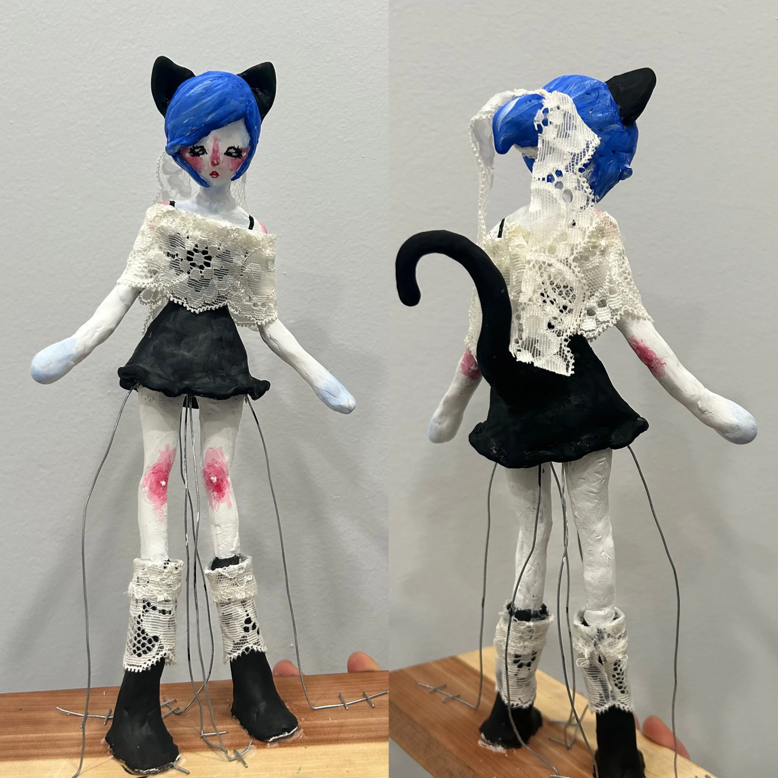 Catgirl figure, 2023
acrylic paint on polymer clay, wire