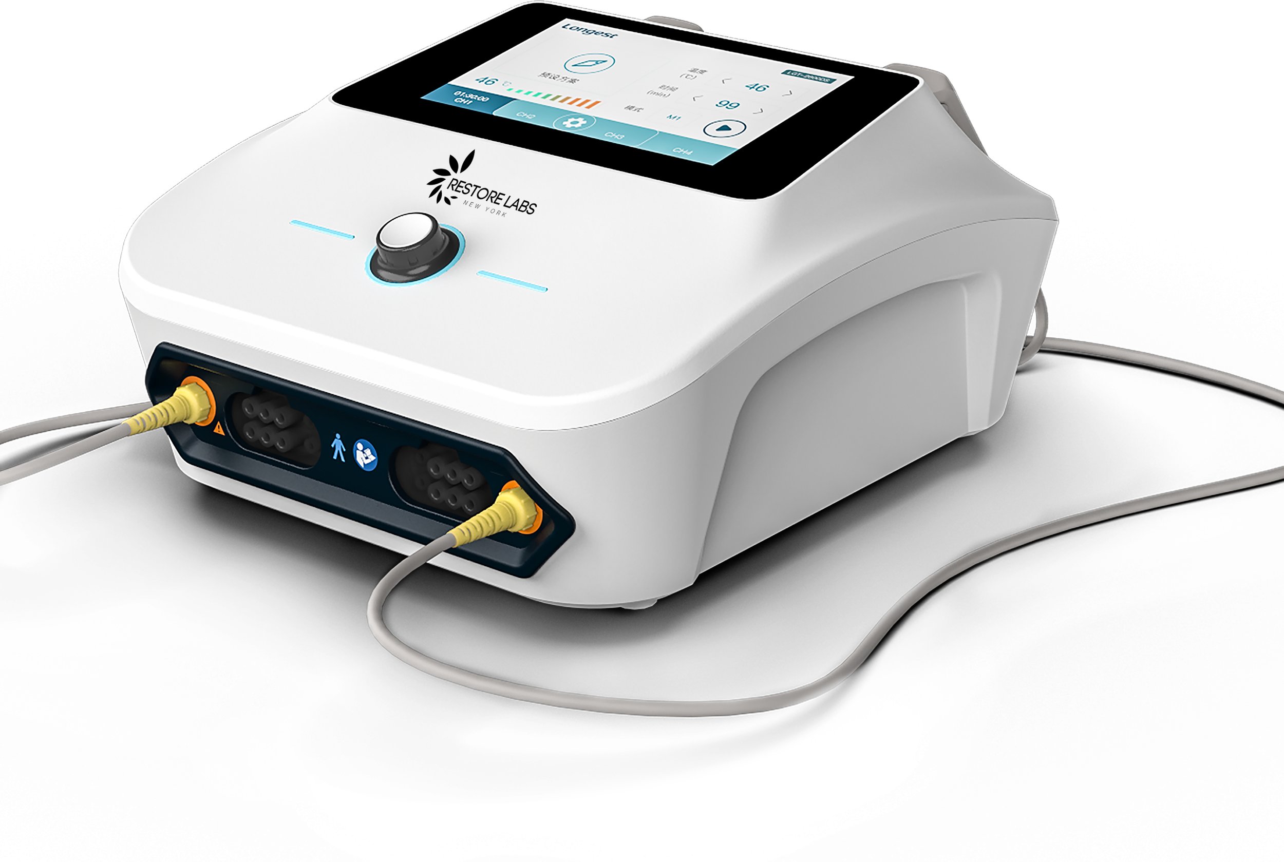 Medical device with a touchscreen display, labeled 'Restore Labs,' showing various measurements and settings, connected by cables to a larger apparatus.