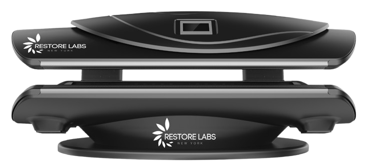 A modern digital weighing scale with the Restore Labs New York logo displayed on the front.