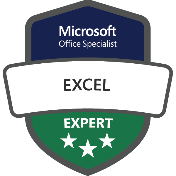 Microsoft Office Specialist badge for Excel Expert level with a shield design, featuring blue, white, and green sections.