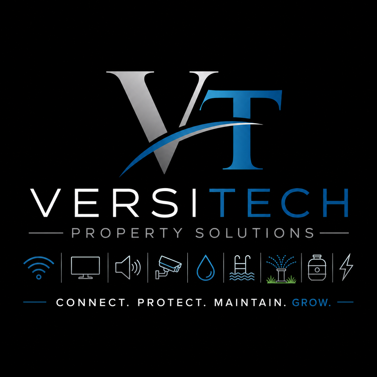 The logo of VersiTech Property Solutions features a stylized 'V' and 'T' with a swoosh, in gray and blue colors. Below, the company name 'VERSITECH' is displayed with the tagline 'Property Solutions'. Icons representing Wi-Fi, computer, speaker, security camera, water drop, swimming pool, fountain, jar, and lightning bolt are shown. The slogan 'Connect. Protect. Maintain. Grow.' is at the bottom.