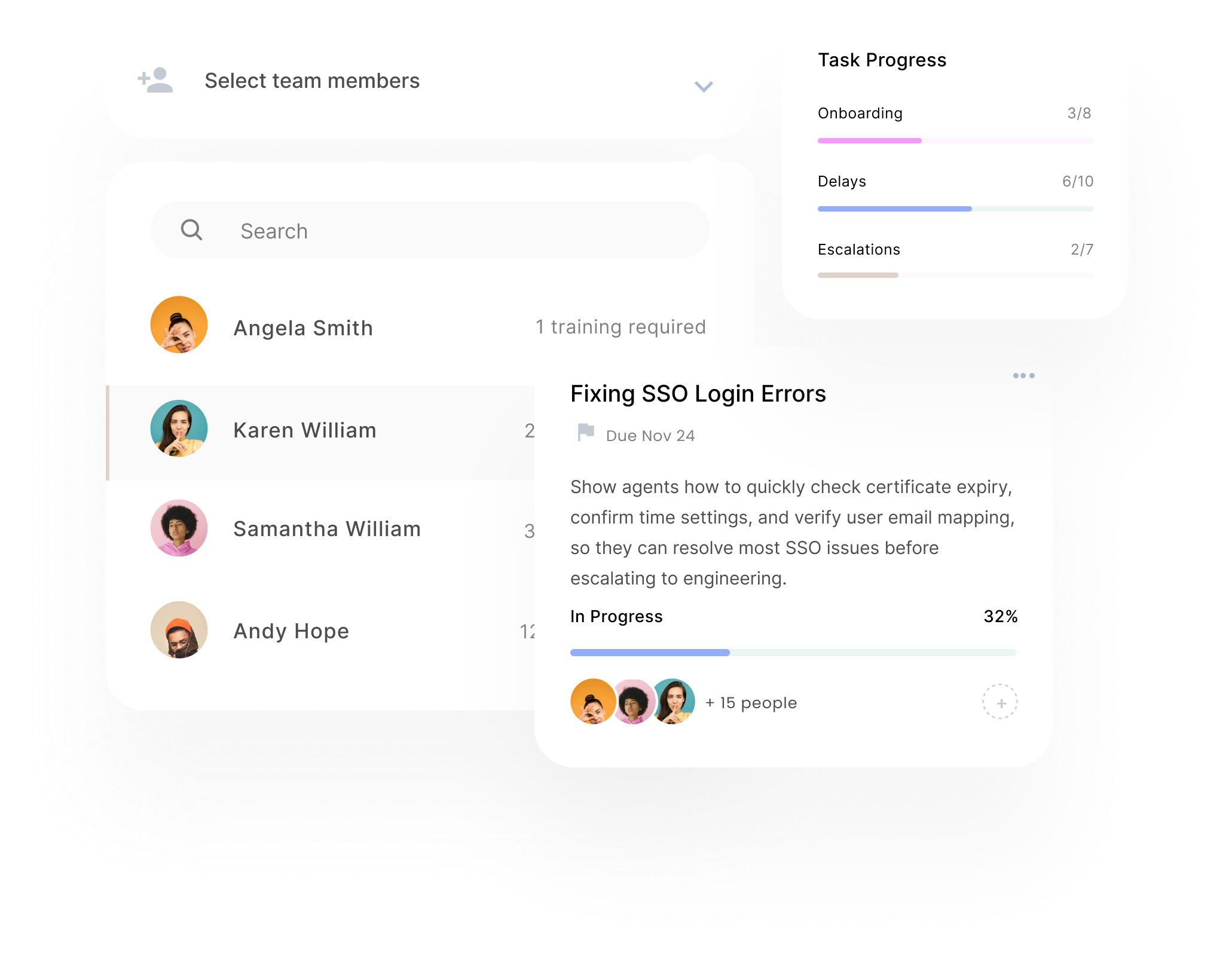 Project management dashboard showing team members, task progress, and details of a task titled 'Fixing SSO Login Errors' with progress bar and team member avatars.