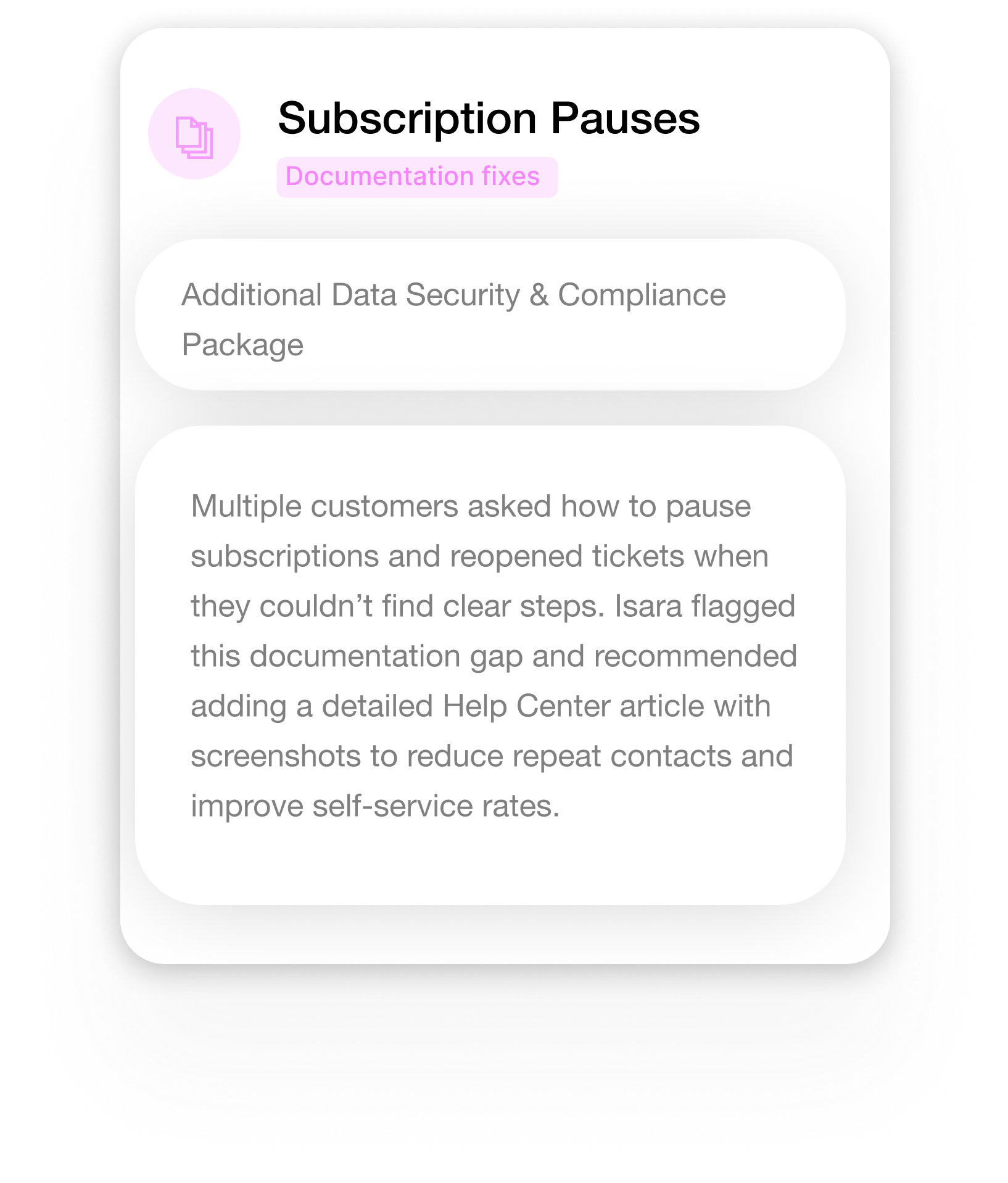 Screenshot of a mobile app interface titled 'Subscription Pauses' with a note labeled 'Documentation fixes' and a paragraph explaining the addition of detailed help center articles with screenshots to reduce repeat contacts and improve self-service rates.
