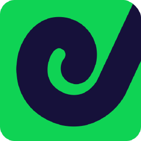 Green background with a dark blue stylized coil or swirl design.