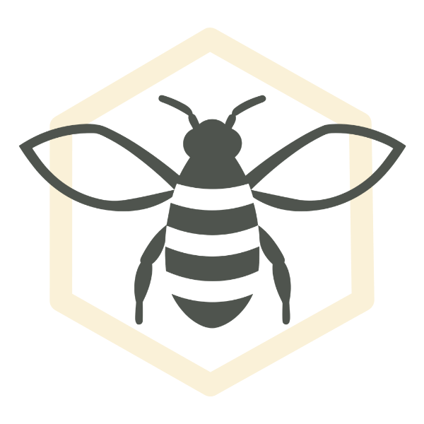 A stylized illustration of a bee inside a hexagon outline.