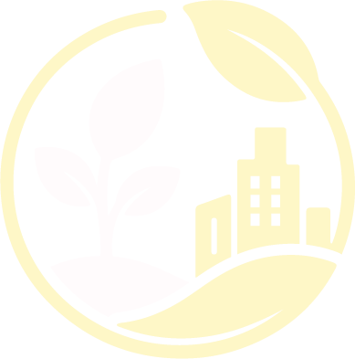 A circular logo with a plant growing on the left and city buildings on the right, symbolizing nature and urban environment.