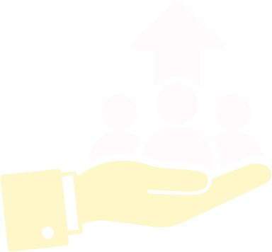 A hand holding three stylized human figures with a large upward-pointing arrow above them.