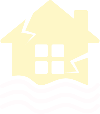 A house with cracks and damage, partially submerged in water with waves at the bottom.
