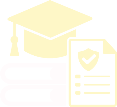Academic graduation cap, books, and a checklist or certificate with a shield icon.