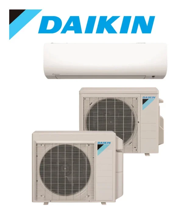 Daikin air conditioning units with indoor and outdoor components, brand logo visible.