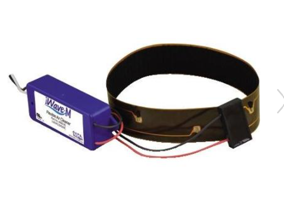 A small electronic device with a purple rectangular module labeled 'Wave M' connected to a black strap with wires.