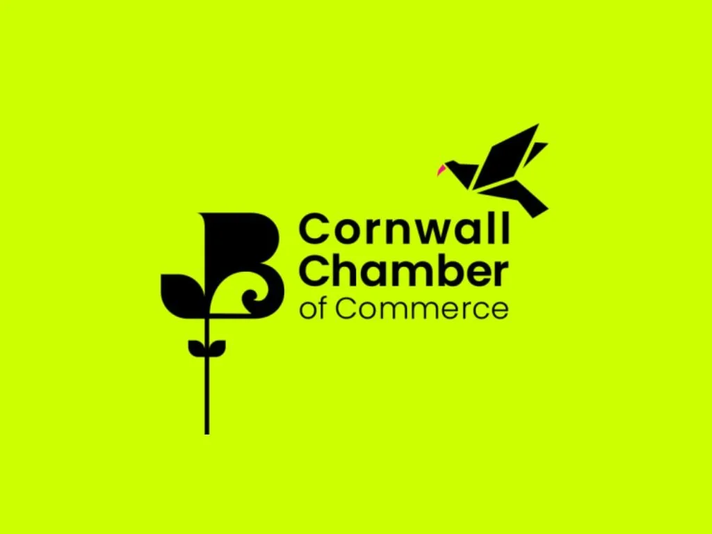 Cornwall Chamber of Commerce logo with a stylized black flower and a bird on a bright green background.