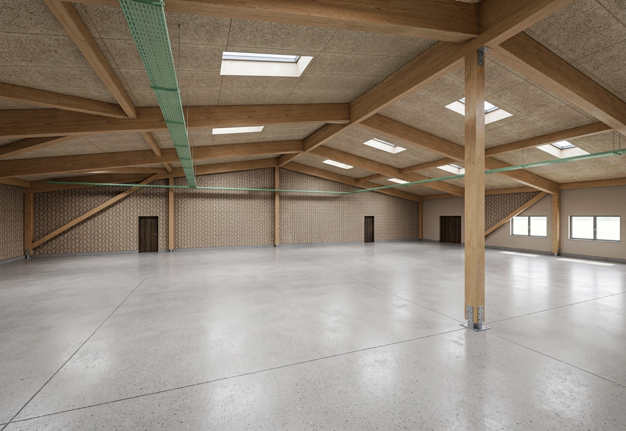Empty attic space with wooden beams, skylights, and windows.