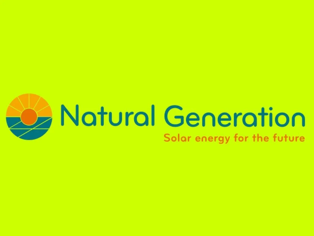 Logo for Natural Generation with a stylized sun and ocean waves, tagline 'Solar energy for the future' on a bright green background.