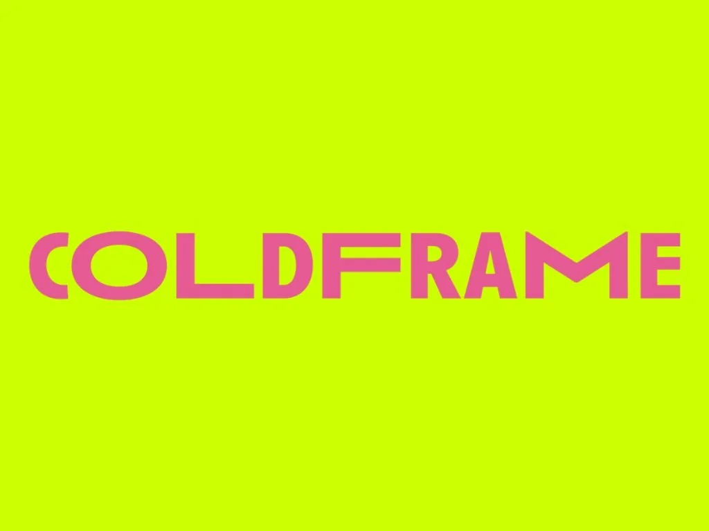 Bright yellow background with the word 'OLDFRAME' in large pink bold letters.