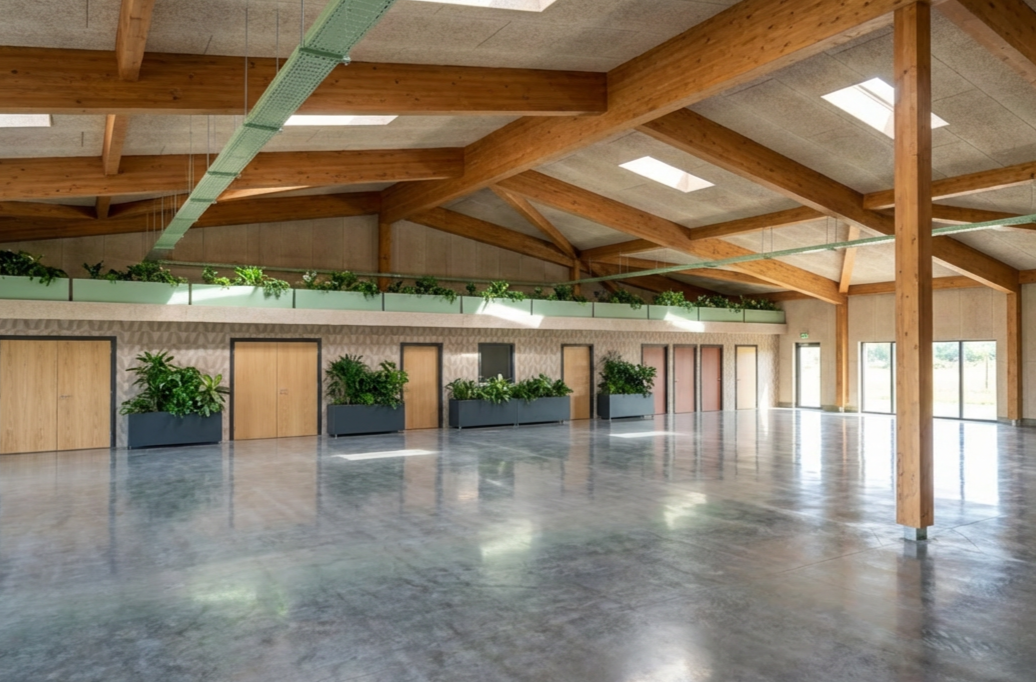 Spacious indoor area with polished concrete floor, wooden support beams, and skylights in the ceiling. Green plants in large planters line the wall, and a balcony with additional greenery runs along the upper level. Large glass doors on the right lead outside.