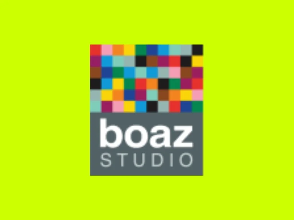 Logo for Boaz Studio featuring colorful pixelated squares above the name.