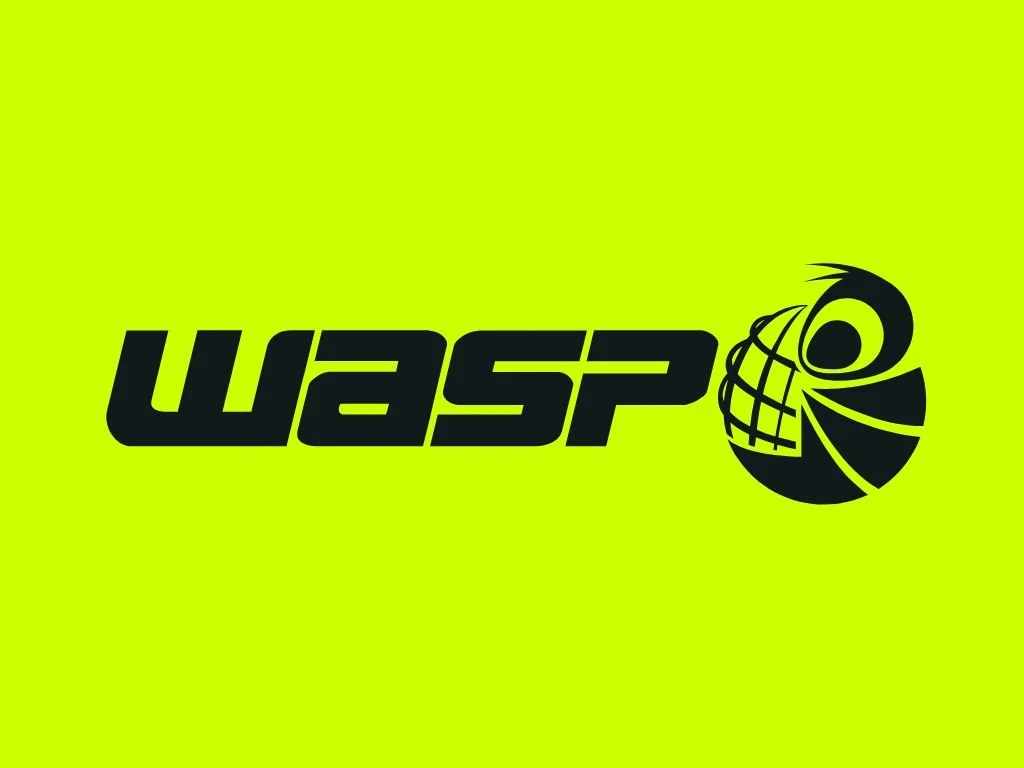 A bright yellow-green background with black stylized text reading "WASP" and a black abstract logo resembling a wasp or insect with a globe and planet motif.