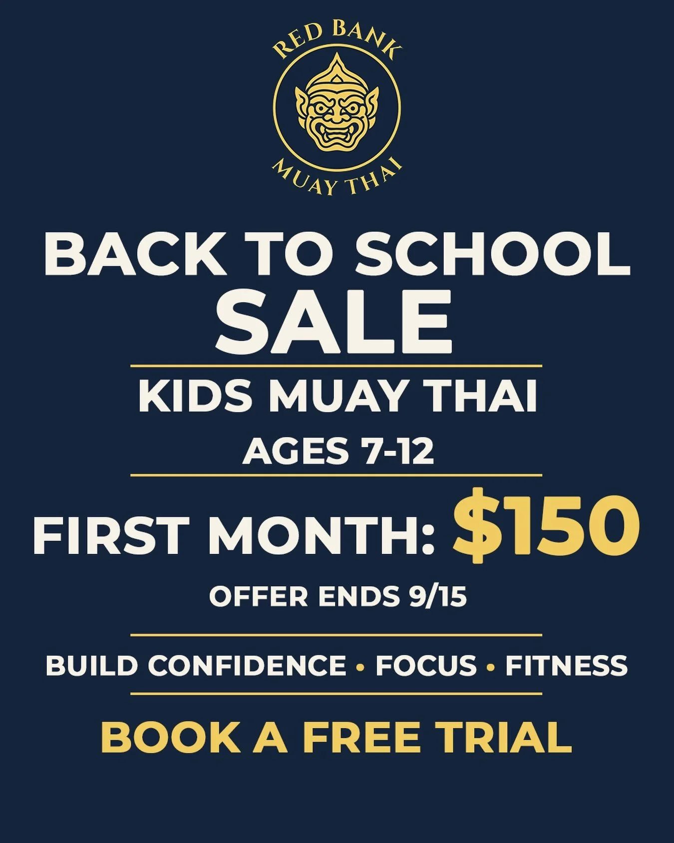 Back to School Sale at Red Bank Muay Thai!

Kids Muay Thai is now enrolling for ages 7&ndash;12.

For a limited time, new students can get their first month for $150.

Kids Muay Thai is a great way to build confidence, focus, fitness, discipline, and