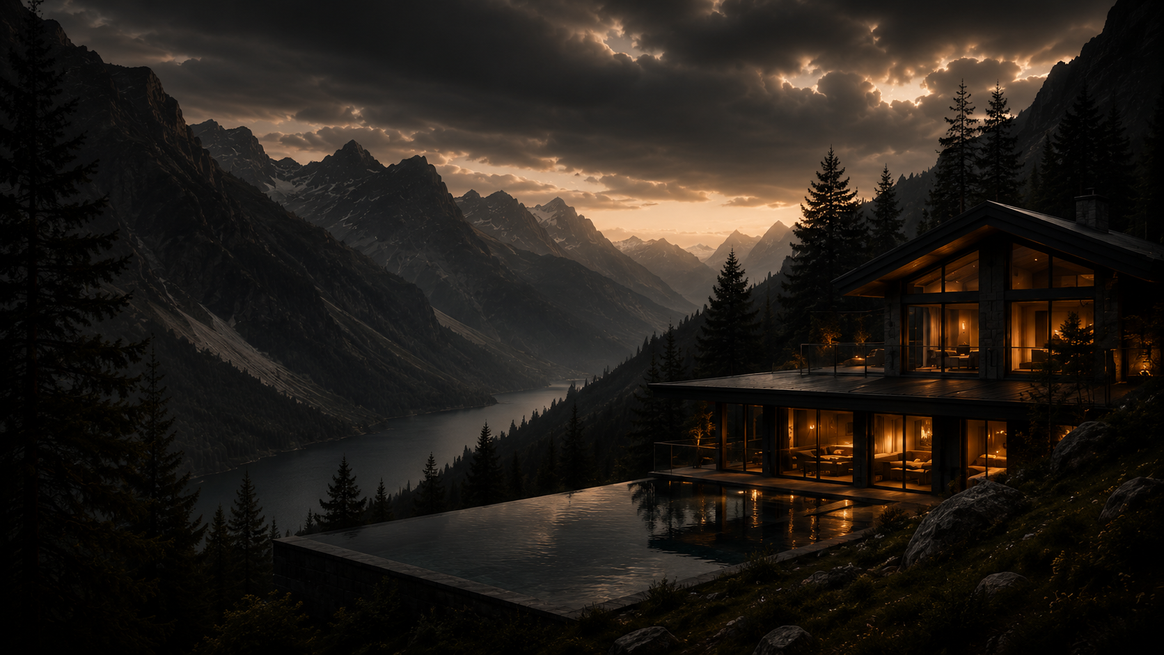 A modern house with large glass windows, illuminated from inside, situated on a hillside overlooking a mountain lake at dusk, surrounded by pine trees and rugged mountains under a cloudy sky.