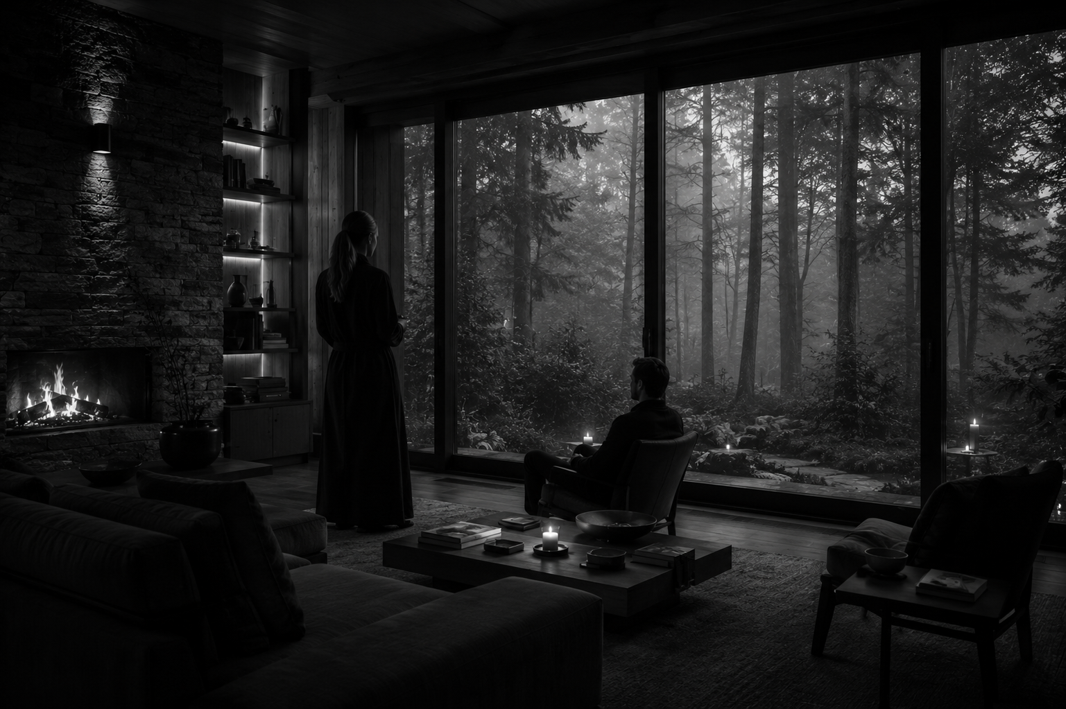 A black and white photo of a living room with large windows overlooking a forest. There is a woman standing and a man sitting by the window, with candles and a fireplace inside.
