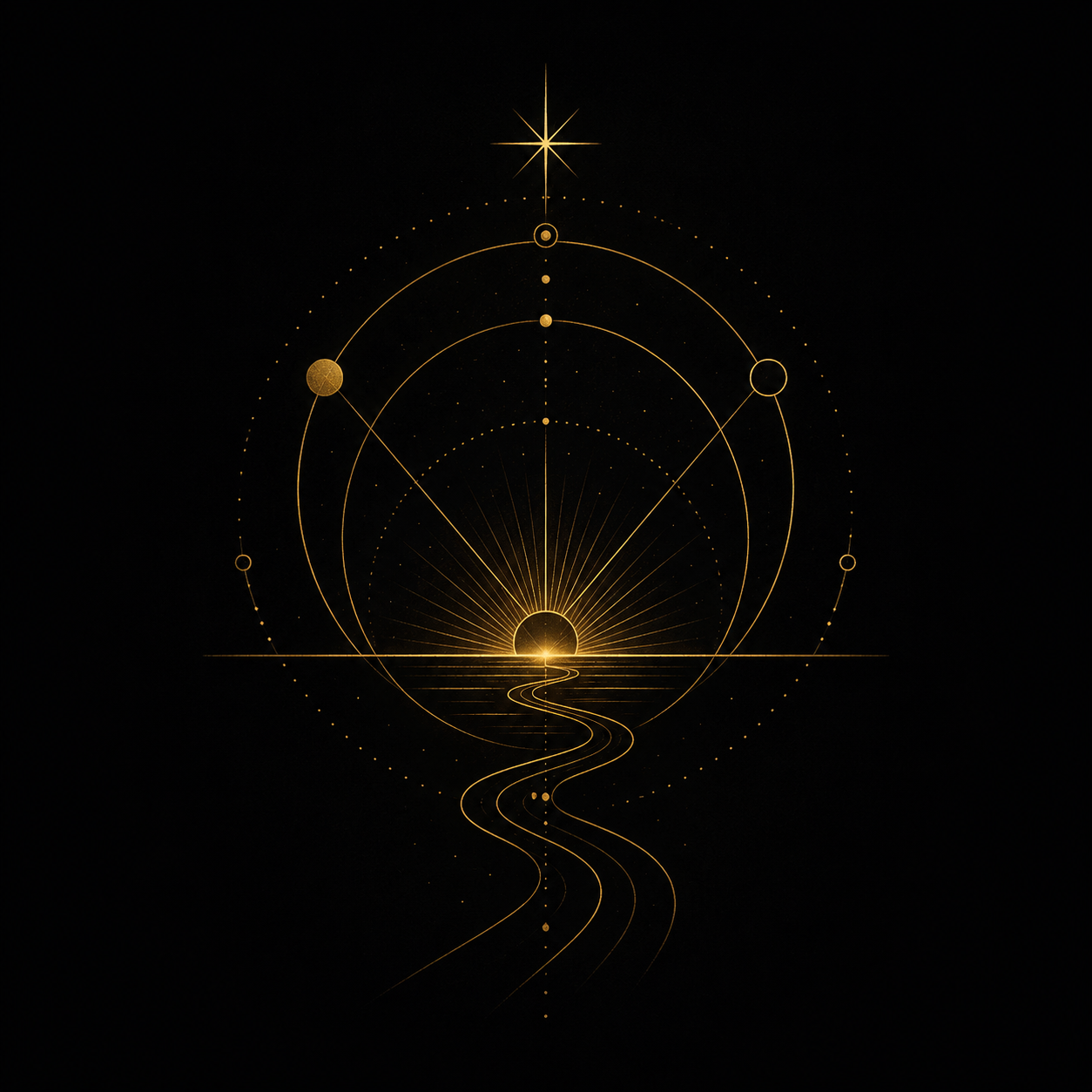 A glowing, gold geometric illustration featuring a sun rising over water with a winding path leading to the horizon, surrounded by celestial orbits and star shapes.