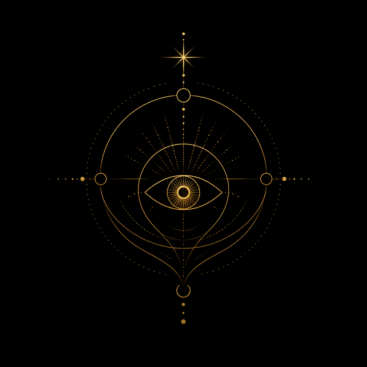 A gold geometric design with an eye at the center, surrounded by circles, lines, and star radiants on a black background.