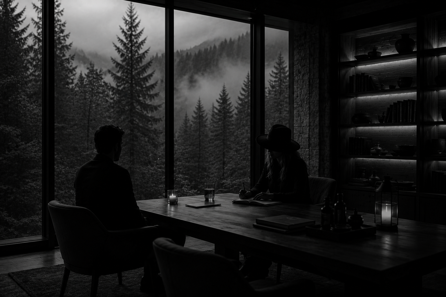 Silhouettes of two people sitting at a table near large window overlooking a foggy forest with tall pine trees, inside a dimly lit wooden room with shelves of books and decorative items.