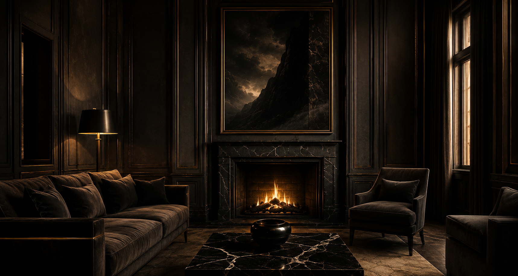 Luxurious dark living room with a black marble fireplace, a large painting of mountains and stormy sky above the mantle, a velvet sofa and two armchairs, a black lamp, a black marble coffee table, and tall windows with dark curtains.