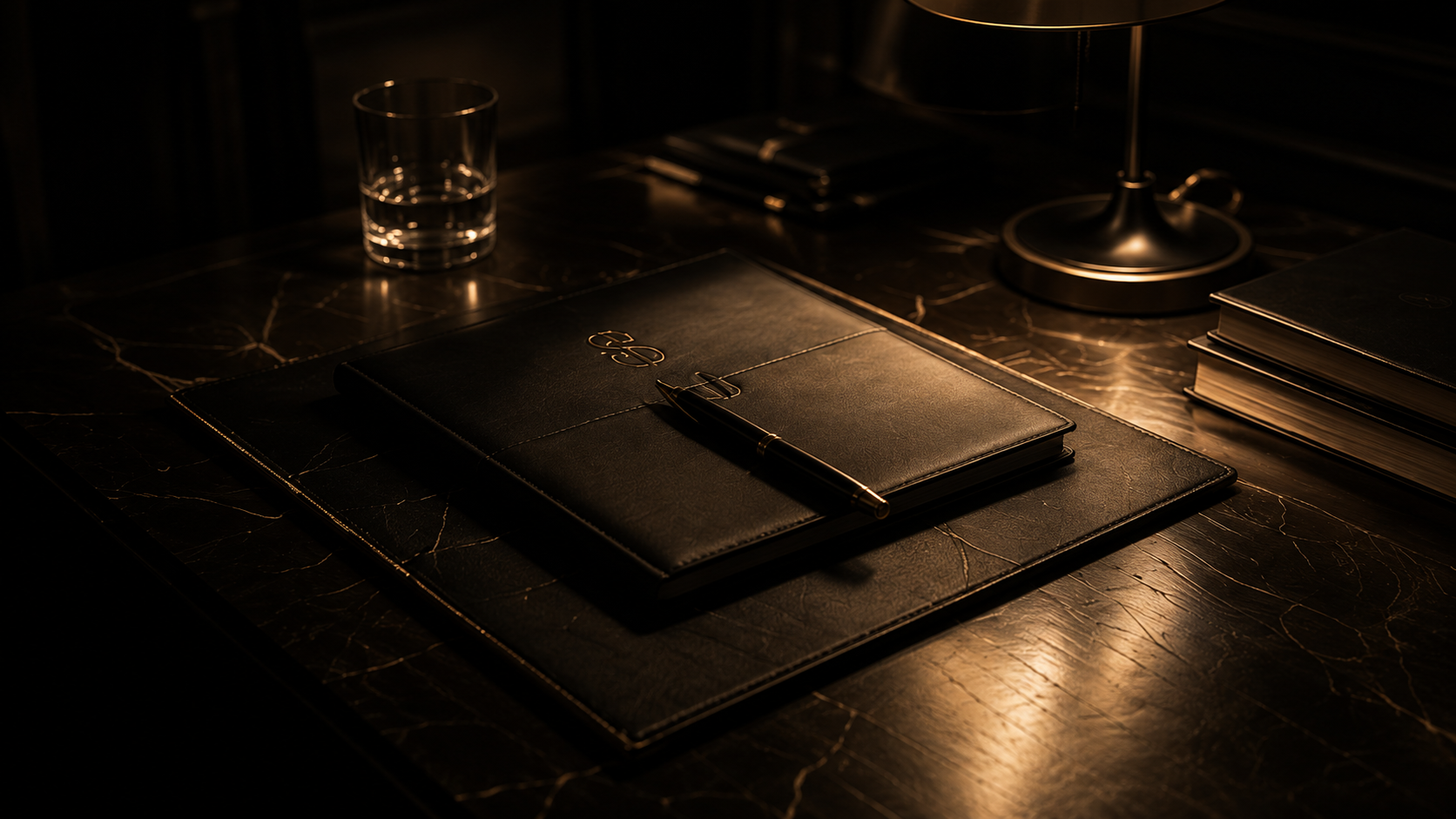 A dark, elegant desk with a leather-bound notebook, a pen, a glass of water, a small table lamp, and a stack of books.