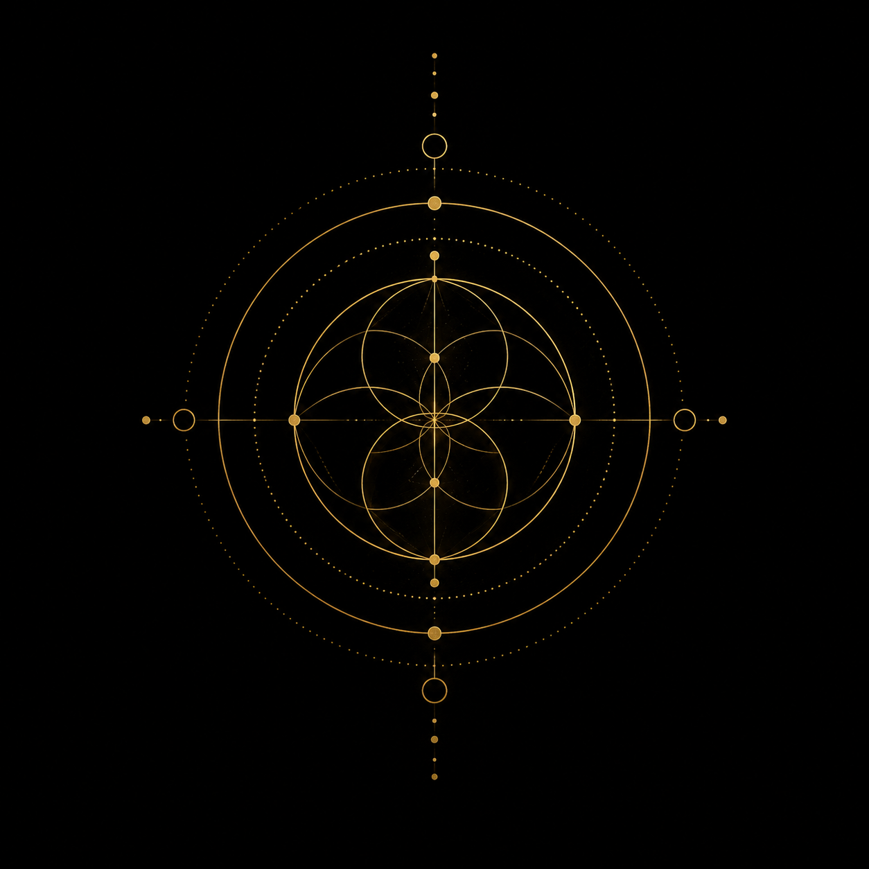 A digital graphic of golden geometric patterns and circles on a black background, resembling a scientific or mystical design.