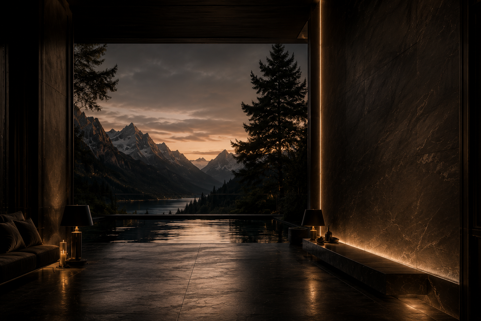 Luxury interior with a large open window showing a mountain landscape at sunset, dark marble walls and flooring, black sofas, and small table lamps with candles.
