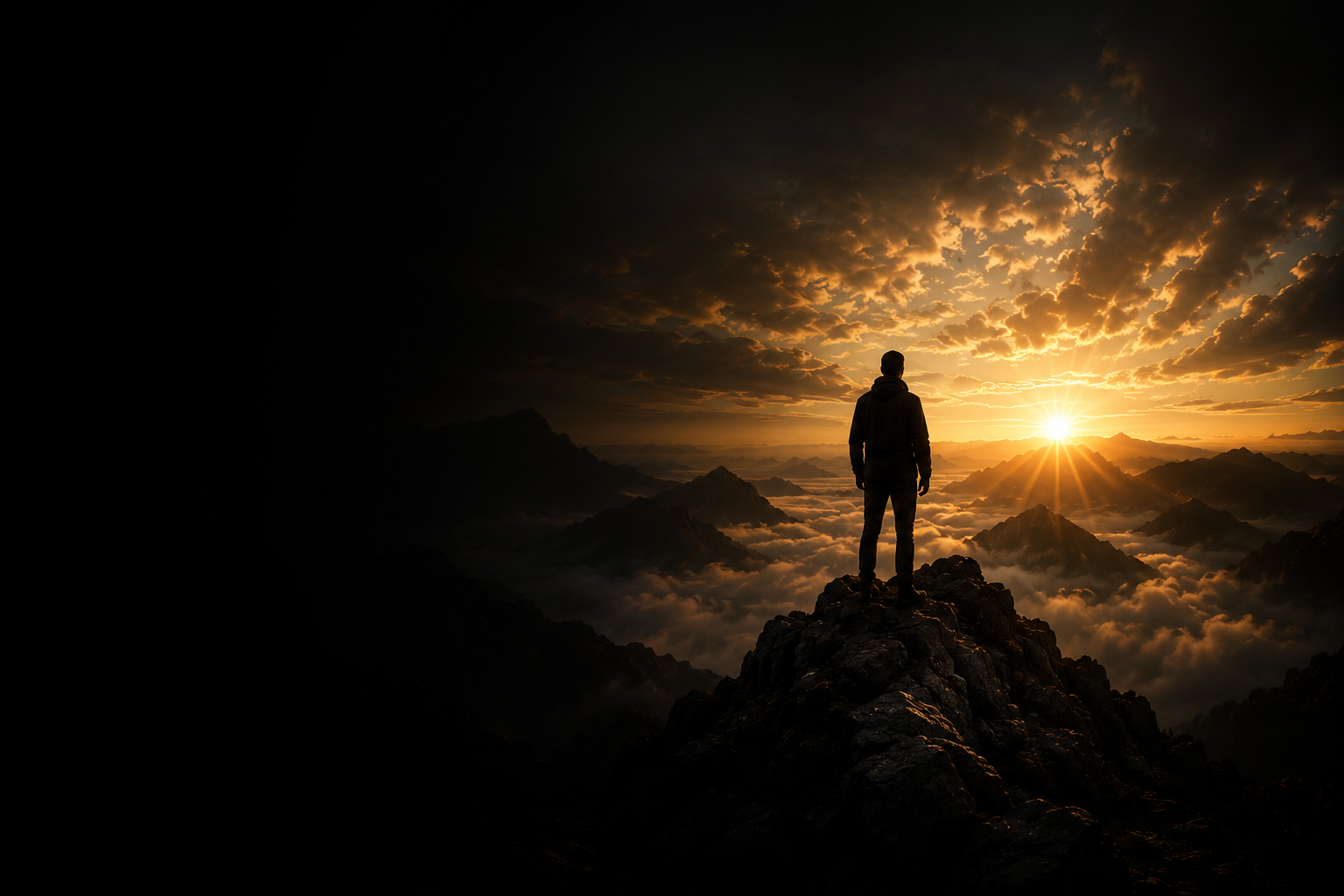 A person standing on a rocky ledge watching the sunrise over mountain peaks and clouds.