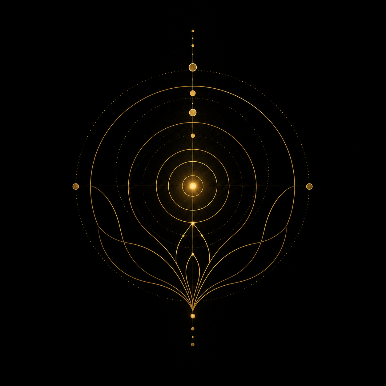 A digital abstract design with glowing gold lines and circles forming symmetrical, geometric patterns on a black background.