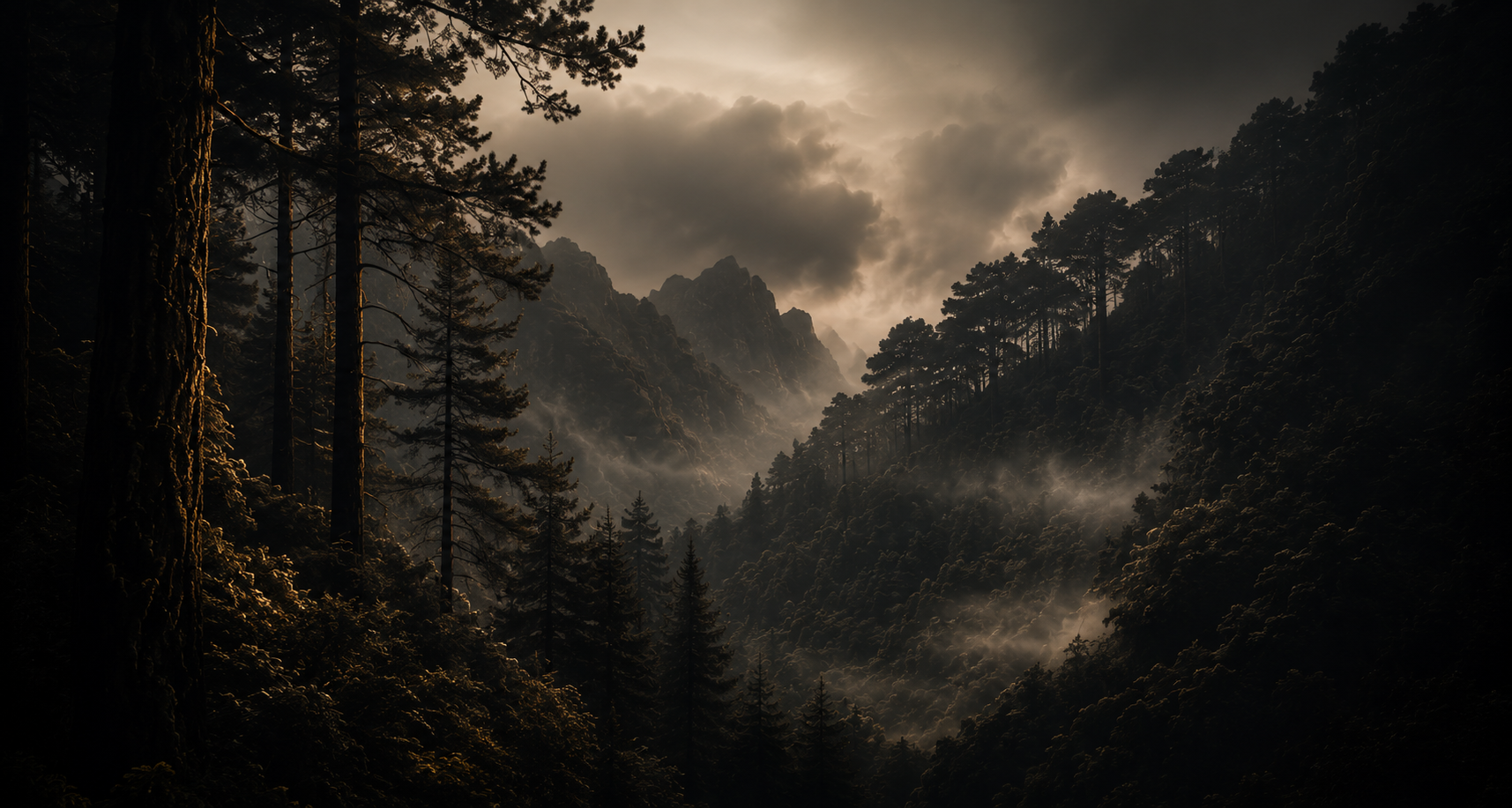 Dark mountain landscape with tall trees and mist in a cloudy sky at sunset or sunrise.