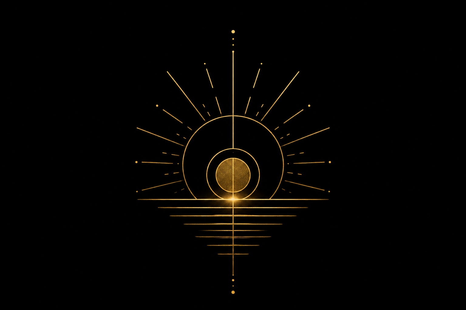 A symmetrical geometric design with concentric circles, radiating lines, and horizontal lines in gold on a black background.